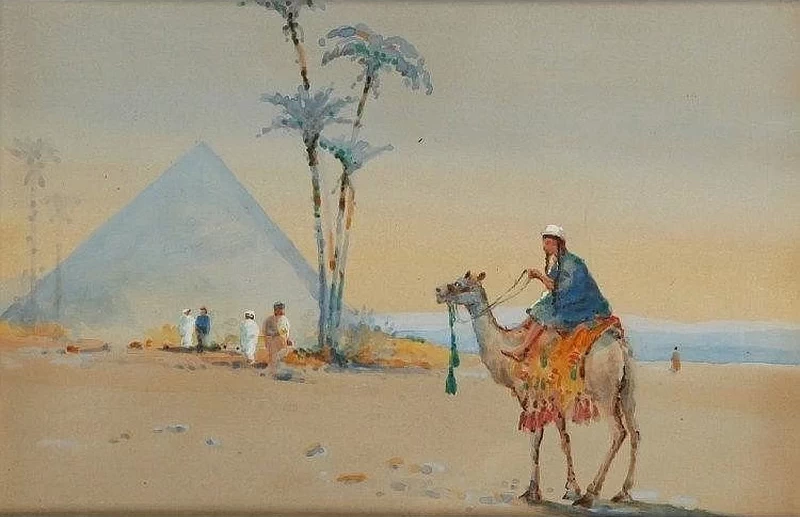 Uno studio di un uomo che cavalca un cammello in un paesaggio desertico con una piramide
